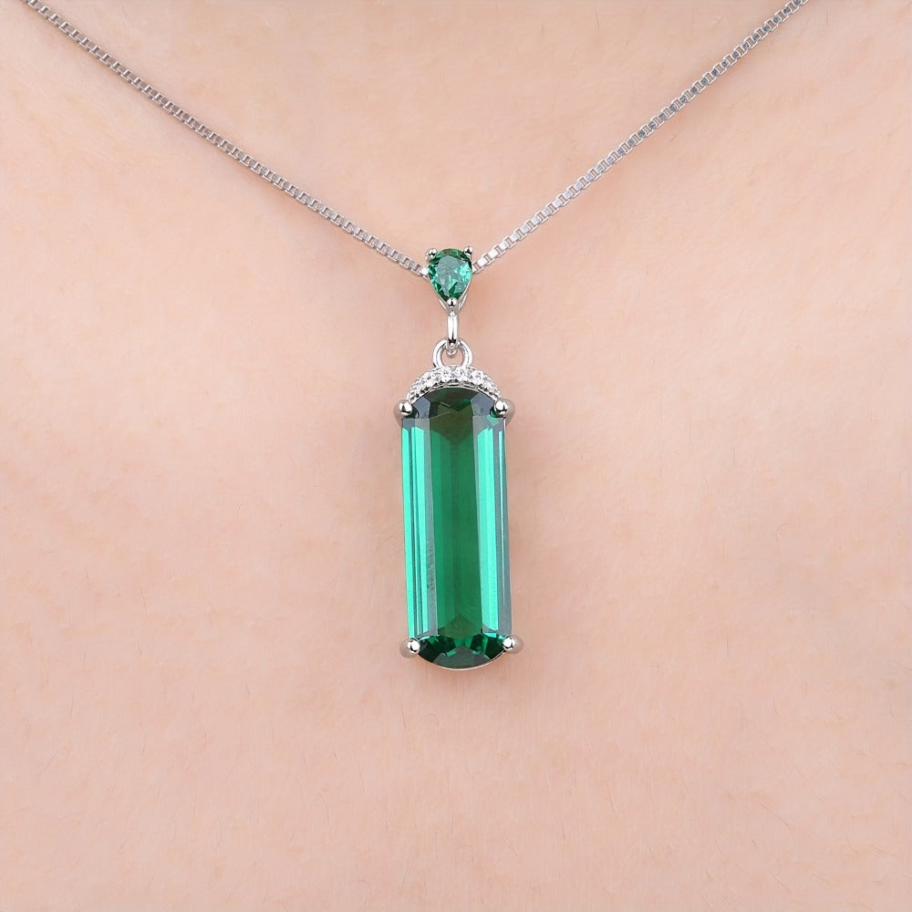 Pendant Necklace - S925 Sterling Silver Emerald for Women Multi-Faceted Simulated Green - product detail view 2