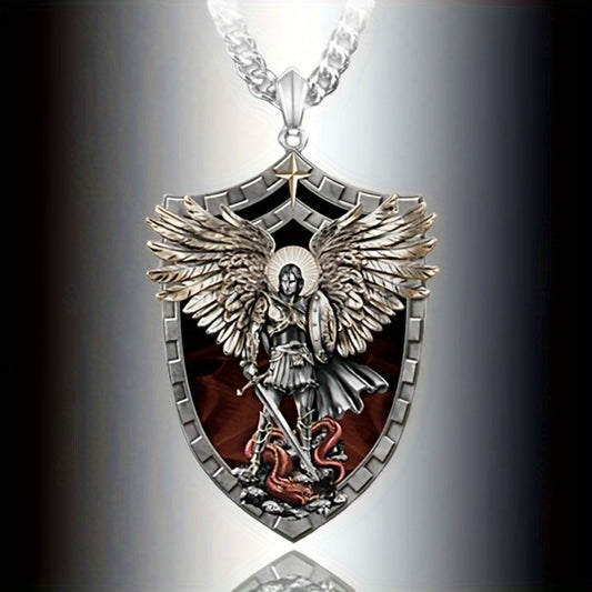Pendant Necklace - Saint Michael for Men Stainless Steel Warrior Guardian Angel Knight Shield - main product view