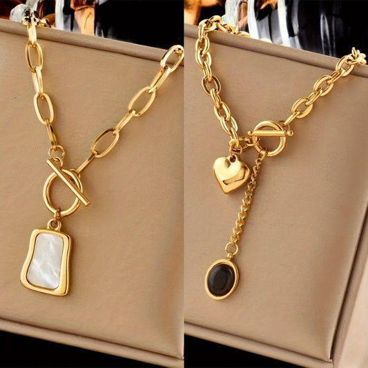 Pendant Necklace - Stainless Steel Set of 2 316L Thick Chain & Oval for Women, Layering - main product view
