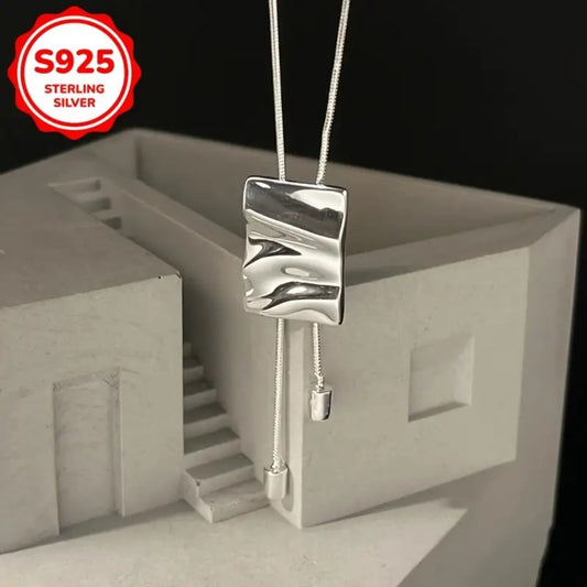 Pendant Necklace - Sterling Silver S925 Geometric Wave Irregular Square Minimalist Chain for - main product view
