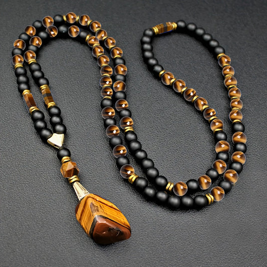 Pendant Necklace - Tiger Eye for Men 8mm Natural Stone Beaded Chain Black Agate Healing - main product view