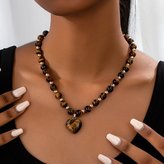 Pendant Necklace - Tiger Eye Stone Heart for Women - Natural Gemstone Love Charm , Boho - main product view