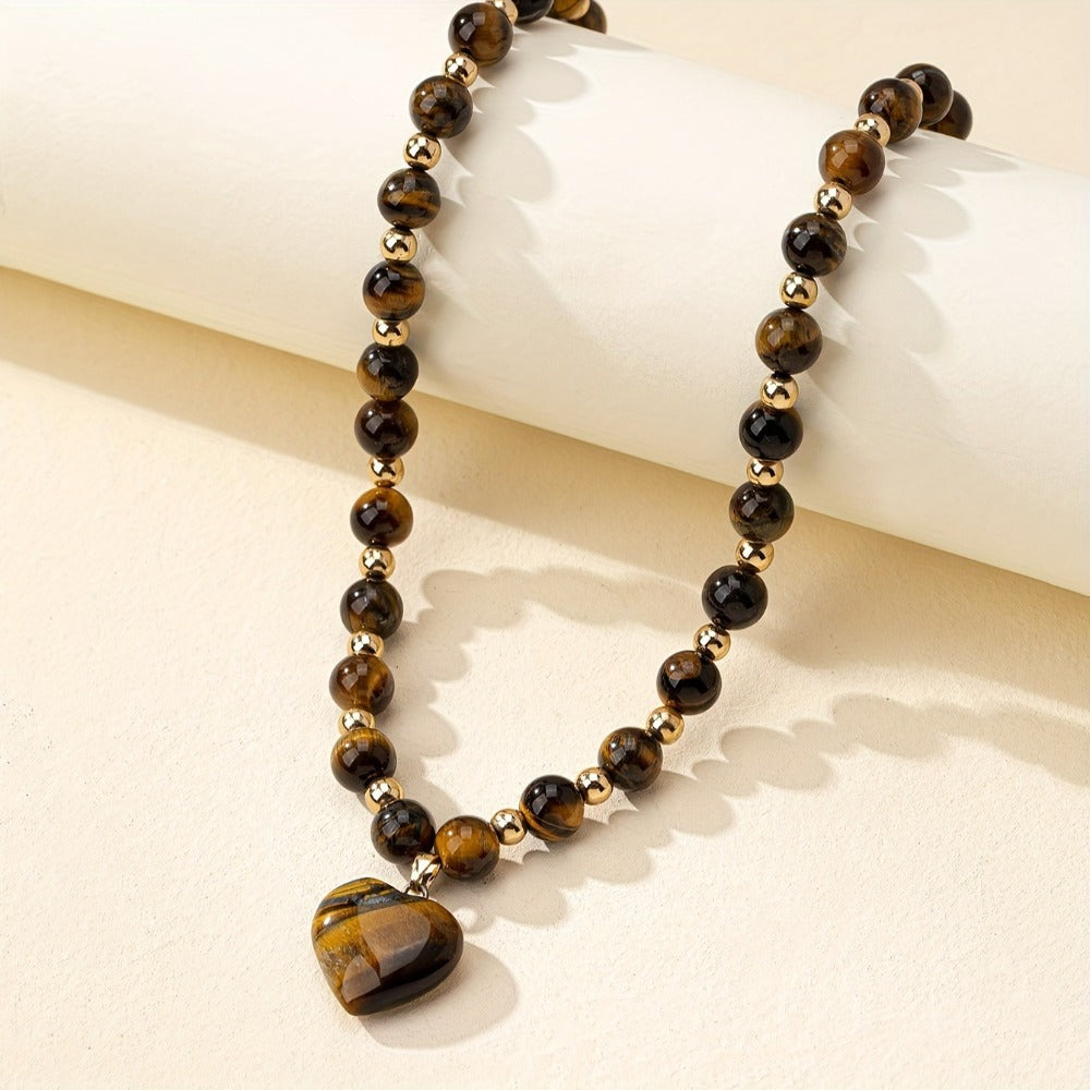 Pendant Necklace - Tiger Eye Stone Heart for Women - Natural Gemstone Love Charm , Boho - product detail view 9