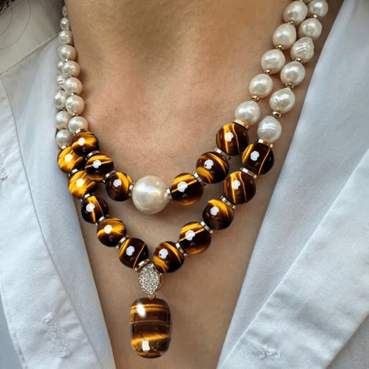 Pendant Necklace - Tiger Eye Stone Set 2 Pieces Natural Tiger Eye & Freshwater Pearl Vintage - main product view