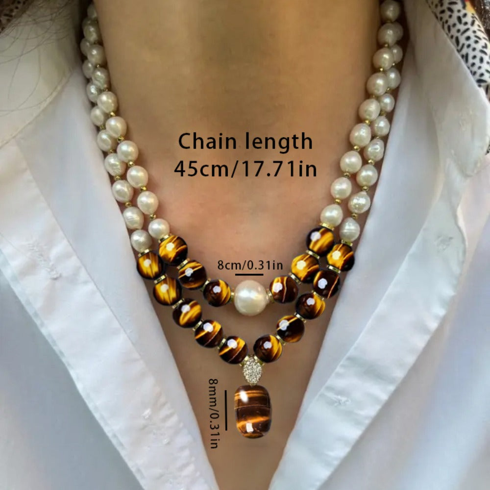 Pendant Necklace - Tiger Eye Stone Set 2 Pieces Natural Tiger Eye & Freshwater Pearl Vintage - product detail view 2