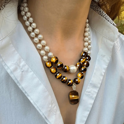 Pendant Necklace - Tiger Eye Stone Set 2 Pieces Natural Tiger Eye & Freshwater Pearl Vintage - product detail view 3