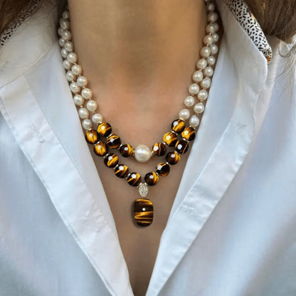 Pendant Necklace - Tiger Eye Stone Set 2 Pieces Natural Tiger Eye & Freshwater Pearl Vintage - product detail view 4