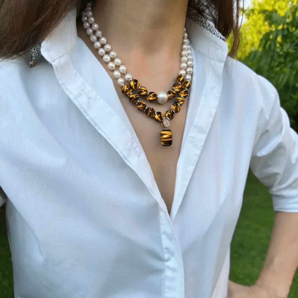 Pendant Necklace - Tiger Eye Stone Set 2 Pieces Natural Tiger Eye & Freshwater Pearl Vintage - product detail view 5