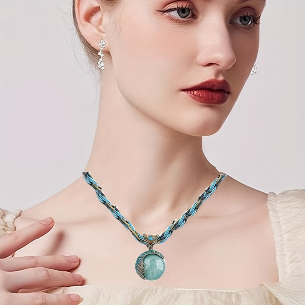 Pendant Necklace - Turquoise for Women Rhinestone Twist Woven Rope Chain Boho Collar - product detail view 2
