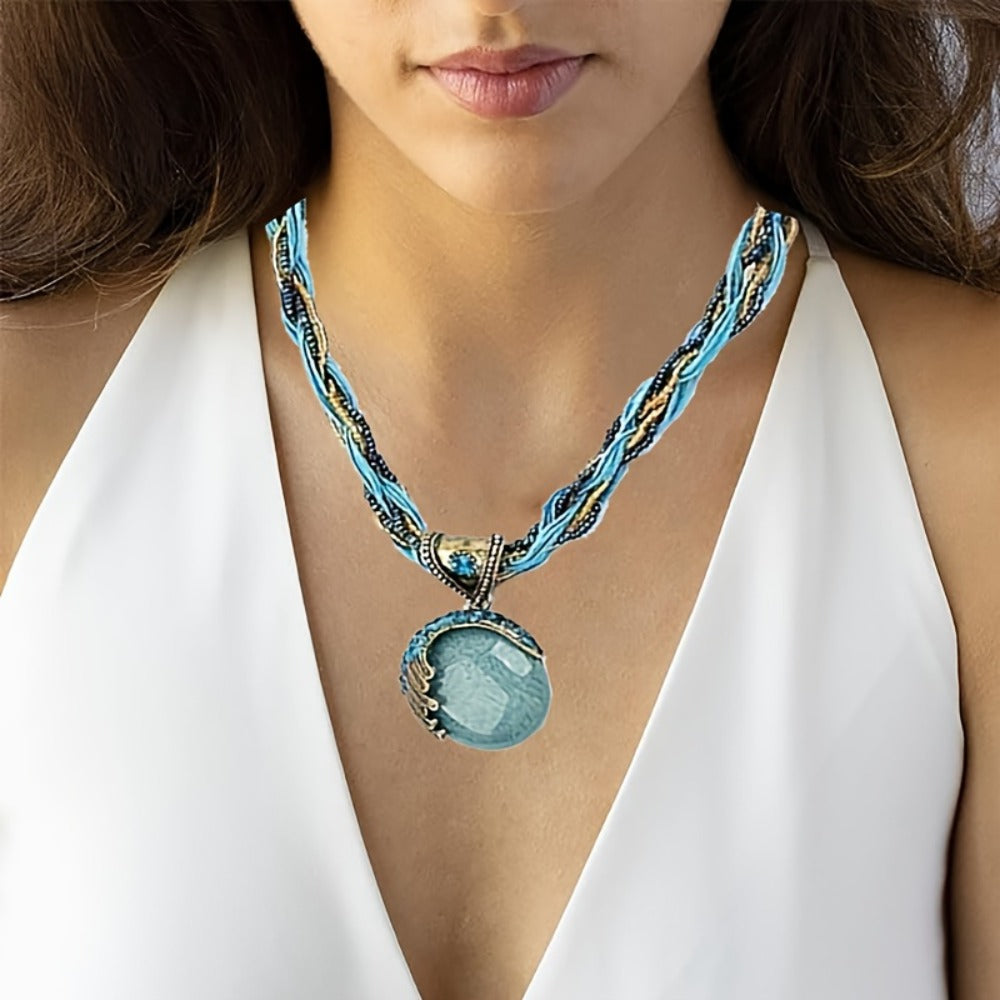 Pendant Necklace - Turquoise for Women Rhinestone Twist Woven Rope Chain Boho Collar - product detail view 3
