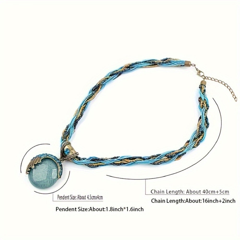 Pendant Necklace - Turquoise for Women Rhinestone Twist Woven Rope Chain Boho Collar - product detail view 4