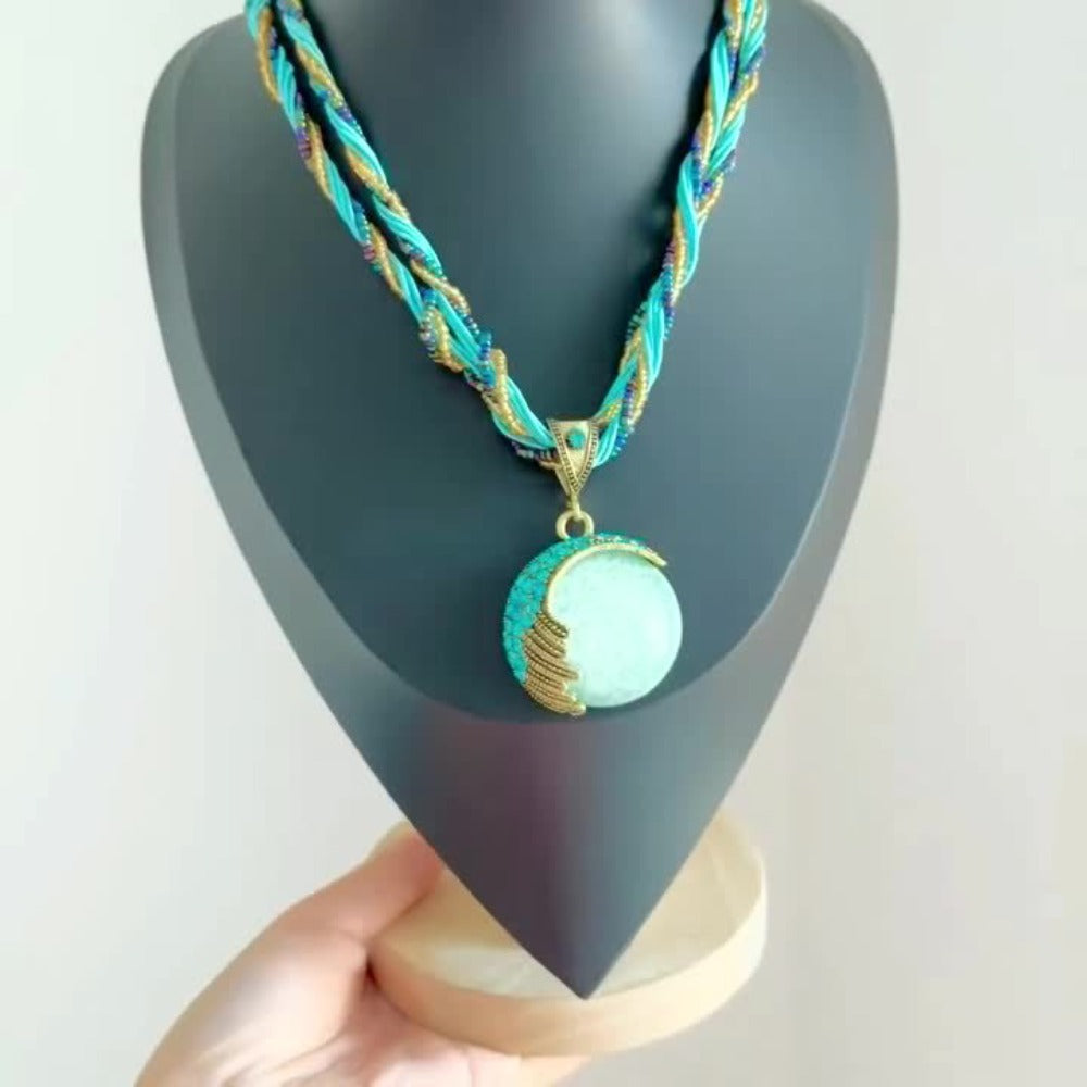 Pendant Necklace - Turquoise for Women Rhinestone Twist Woven Rope Chain Boho Collar - product detail view 7