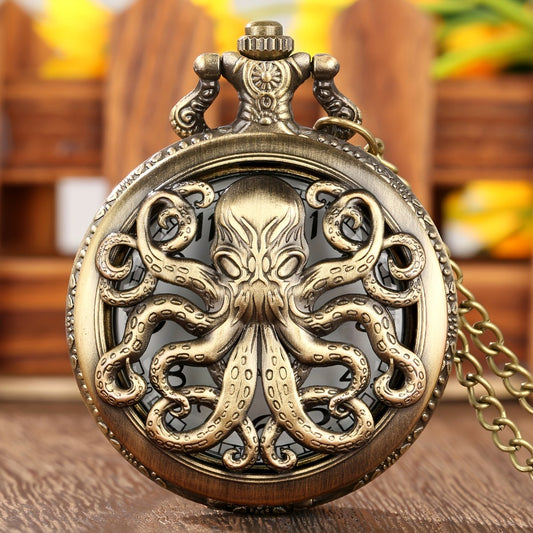 Pendant Necklace - Vintage Octopus Pocket Watch Copper Quartz World Time Retro Steampunk - main product view