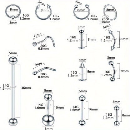 Piercing Kit - Professional Body 120pcs - Stainless Steel 14G 16G Belly Nose Lip Septum - product detail view 5