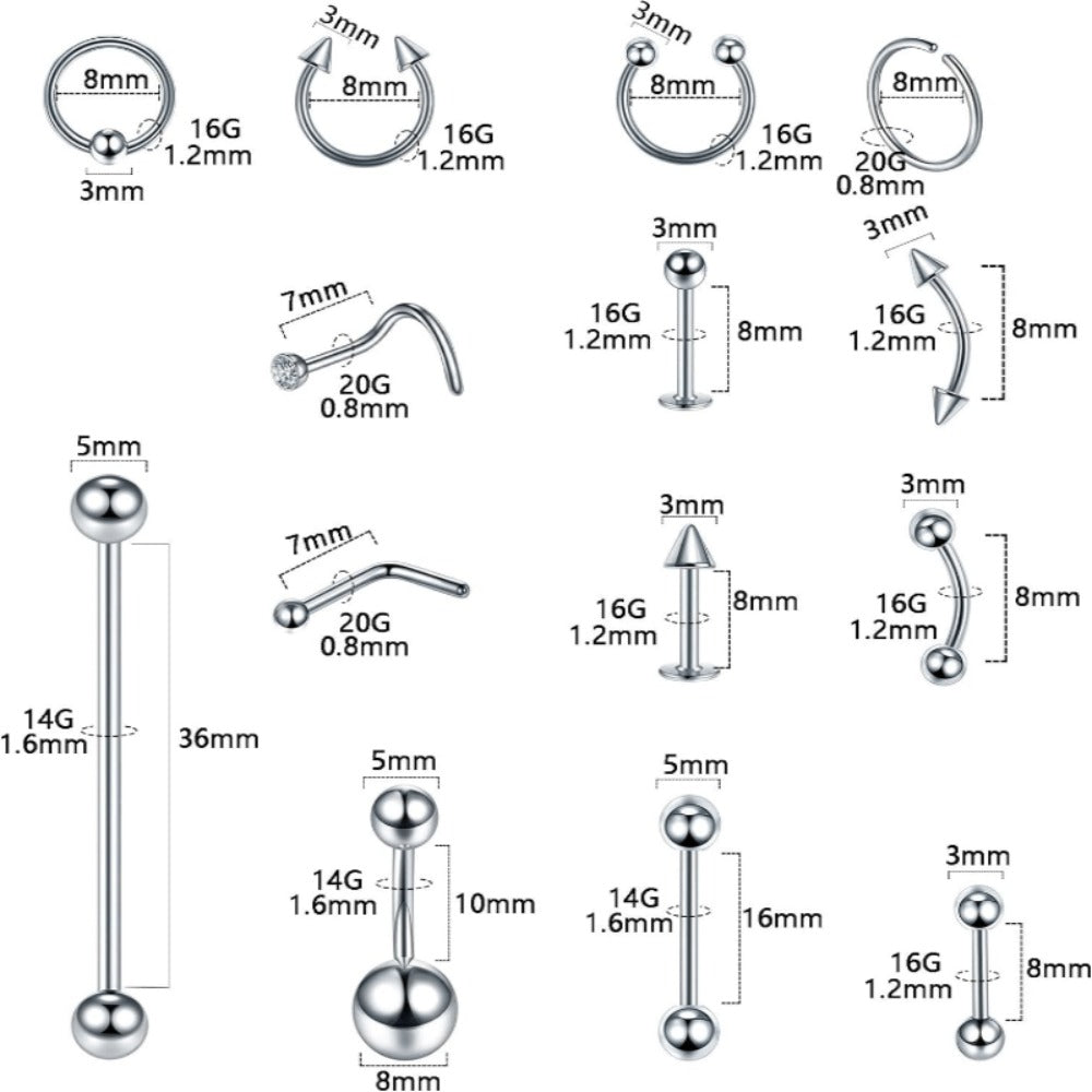 Piercing Kit - Professional Body 120pcs - Stainless Steel 14G 16G Belly Nose Lip Septum - product detail view 10