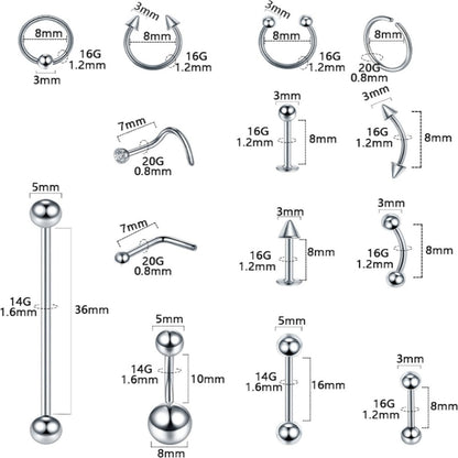 Piercing Kit - Professional Body 120pcs - Stainless Steel 14G 16G Belly Nose Lip Septum - product detail view 10