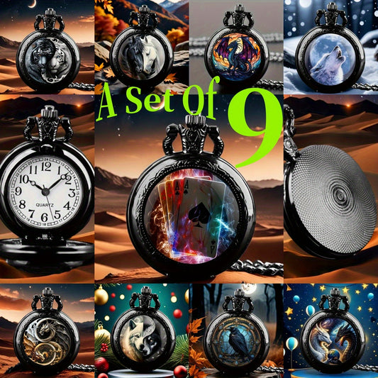 Pocket Watch - Set of 9 - Classic Round Vintage Watches Bulk Pack, Antique Style Quartz - main product view