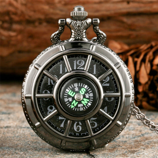 Pocket Watch - Vintage Hollow Skeleton Compass Design Black Starry Round Dial Pendant - main product view