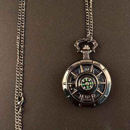Pocket Watch - Vintage Hollow Skeleton Compass Design Black Starry Round Dial Pendant - product detail view 3