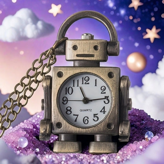 Pocket Watch - Vintage Robot with Keychain Retro Round Dial Quartz Pendant , Cute Bag - main product view