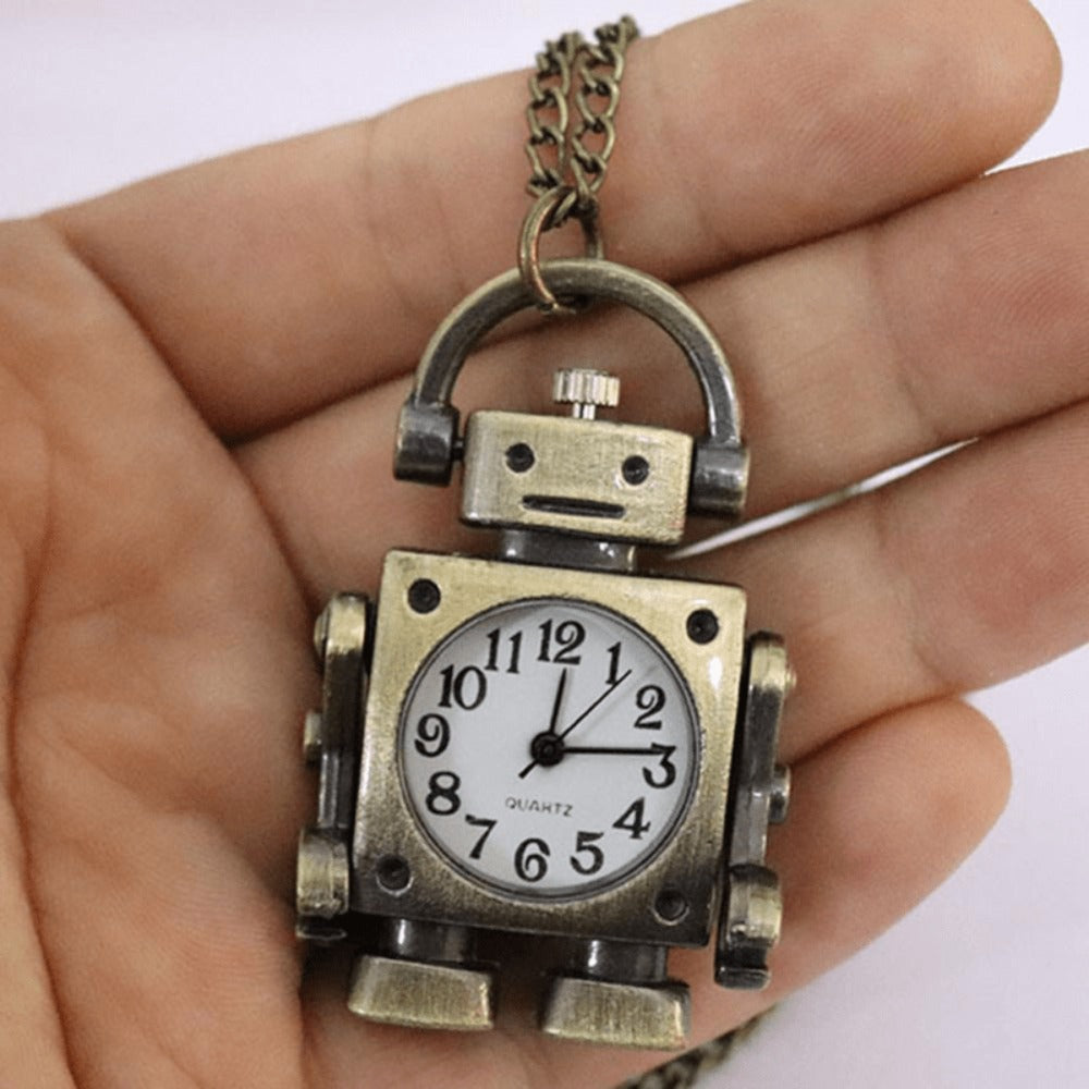 Pocket Watch - Vintage Robot with Keychain Retro Round Dial Quartz Pendant , Cute Bag - product detail view 3