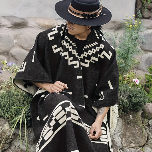 Ponchos & Shawls - Poncho for Men Vintage Geometric Pattern Tassel Detail Warm Acrylic Shawl - main product view