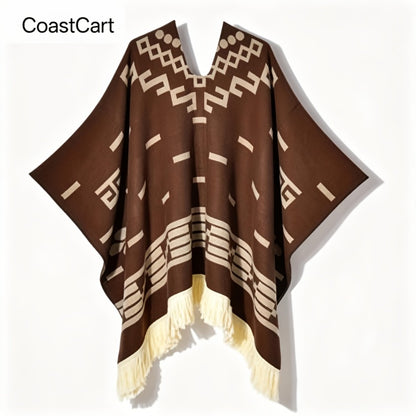 Ponchos & Shawls - Poncho for Men Vintage Geometric Pattern Tassel Detail Warm Acrylic Shawl - product detail view 4