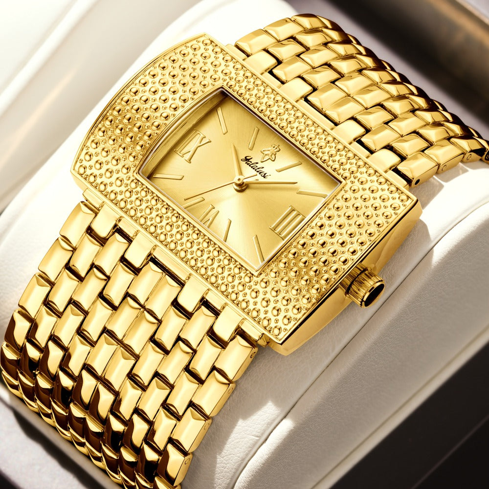 Quartz Watch - YaLaLuSi Luxury Rectangular with Roman Numerals Golden Tone Analog - main product view