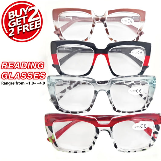 Reading Glasses - for Women 4 Pack, Large Frame HD Lenses, Leopard Print & Classic Black - main product view