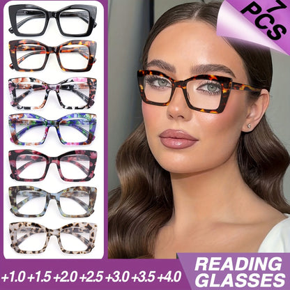 Reading Glasses - Women 7 Pack Large Square Frame Spring Hinges Vintage Print PC Readers - product detail view 2