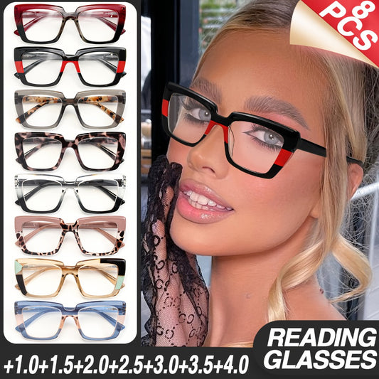 Reading Glasses - 8 Pack for Women Retro Print Color Clash Rectangular Spring Hinge Fashion - main product view