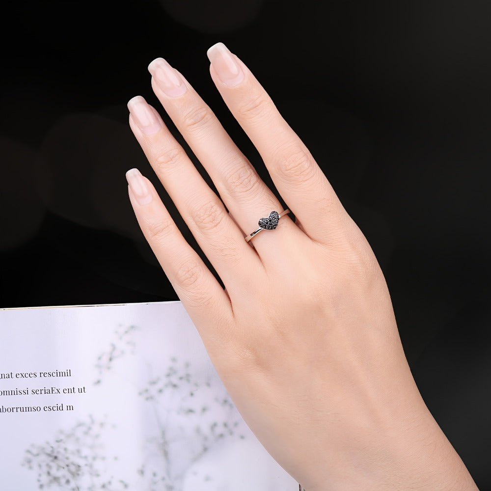 Rings for Women - 925 Silver Black Heart, Minimal Band - product detail view 2