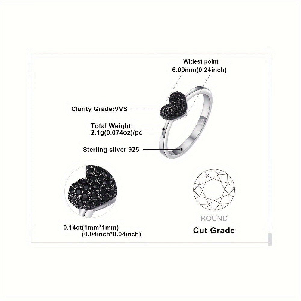 Rings for Women - 925 Silver Black Heart, Minimal Band - size chart 6.09mm(0.24inch) 2.1g(0.074oz)/pc