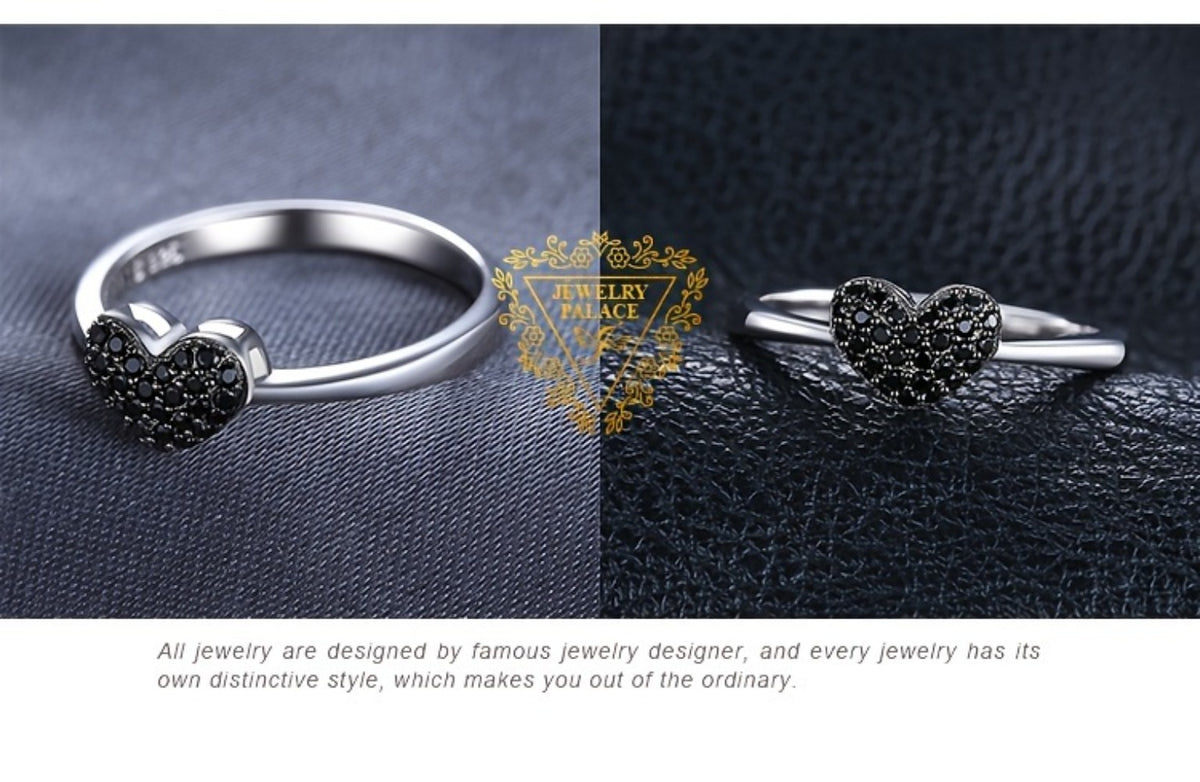 Rings for Women - 925 Silver Black Heart, Minimal Band - product detail view 10