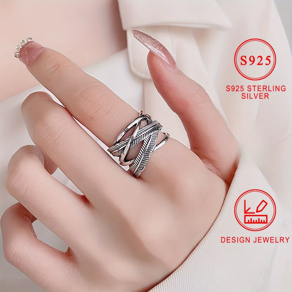 Rings for Women - 925 Sterling Silver Feather Ring - Infinity Cross Band Hip Hop Style - product detail view 2