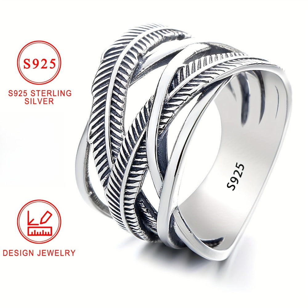 Rings for Women - 925 Sterling Silver Feather Ring - Infinity Cross Band Hip Hop Style - product detail view 4
