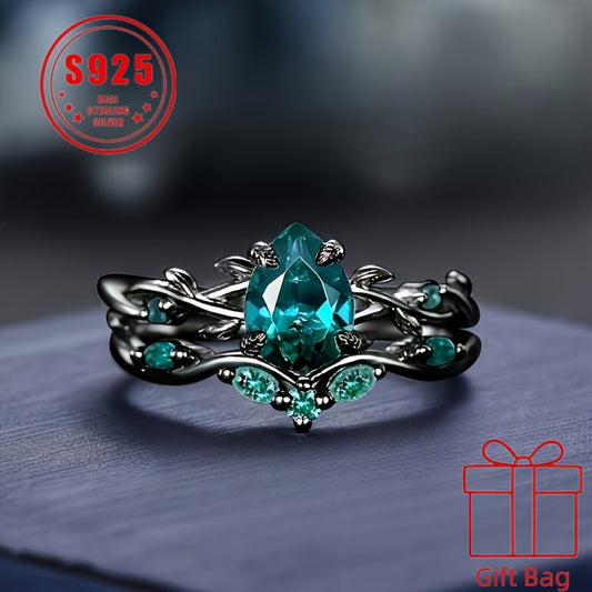 Rings for Women - 925 Sterling Silver Gothic Black Ring with Synthetic Jadeite - Elegant - main product view