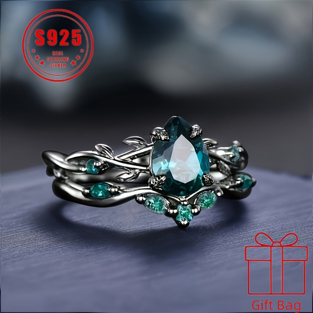 Rings for Women - 925 Sterling Silver Gothic Black Ring with Synthetic Jadeite - Elegant - product detail view 2