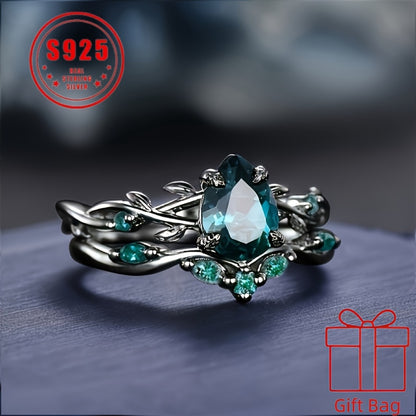 Rings for Women - 925 Sterling Silver Gothic Black Ring with Synthetic Jadeite - Elegant - product detail view 2