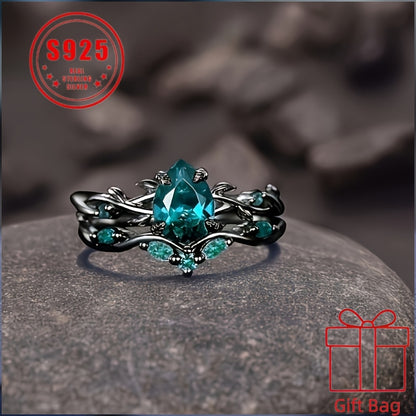 Rings for Women - 925 Sterling Silver Gothic Black Ring with Synthetic Jadeite - Elegant - product detail view 5
