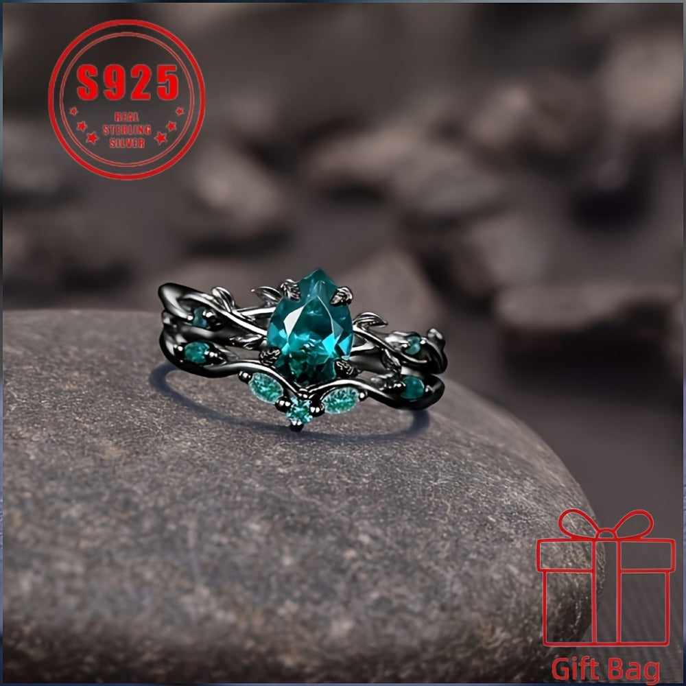 Rings for Women - 925 Sterling Silver Gothic Black Ring with Synthetic Jadeite - Elegant - product detail view 6