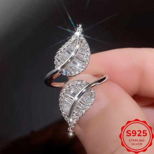 Rings for Women - 925 Sterling Silver Leaf Ring with CZ Zirconia - Elegant Nature-Inspired - main product view