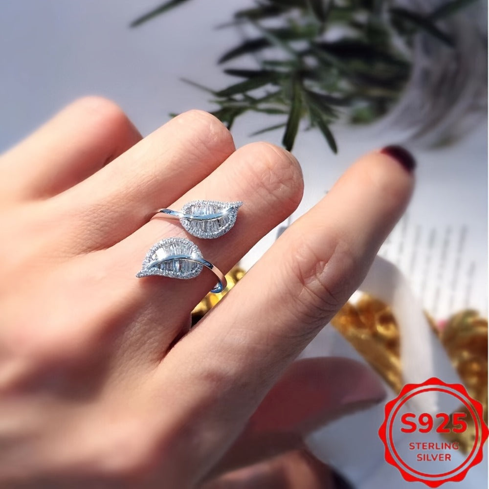Rings for Women - 925 Sterling Silver Leaf Ring with CZ Zirconia - Elegant Nature-Inspired - product detail view 5