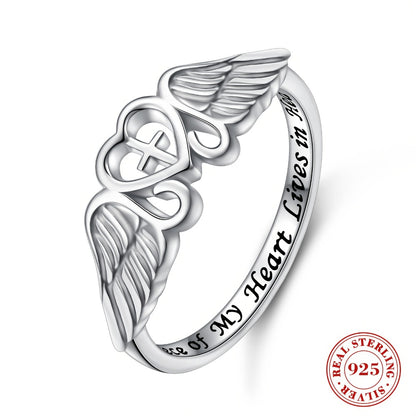 Rings for Women - Angel Wing Ring S925 Sterling Silver Memorial Ring for In Memory of Mom - main product view