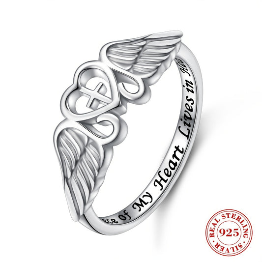 Rings for Women - Angel Wing Ring S925 Sterling Silver Memorial Ring for In Memory of Mom - main product view