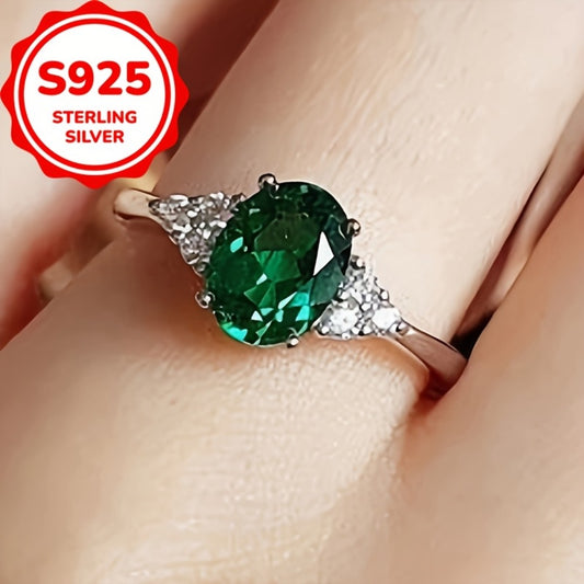 Rings for Women - Green Oval Zirconia Ring S925 Sterling Silver for - Elegant Emerald-Style - main product view
