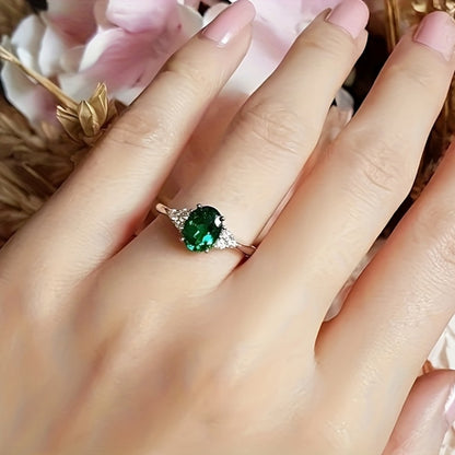 Rings for Women - Green Oval Zirconia Ring S925 Sterling Silver for - Elegant Emerald-Style - product detail view 3