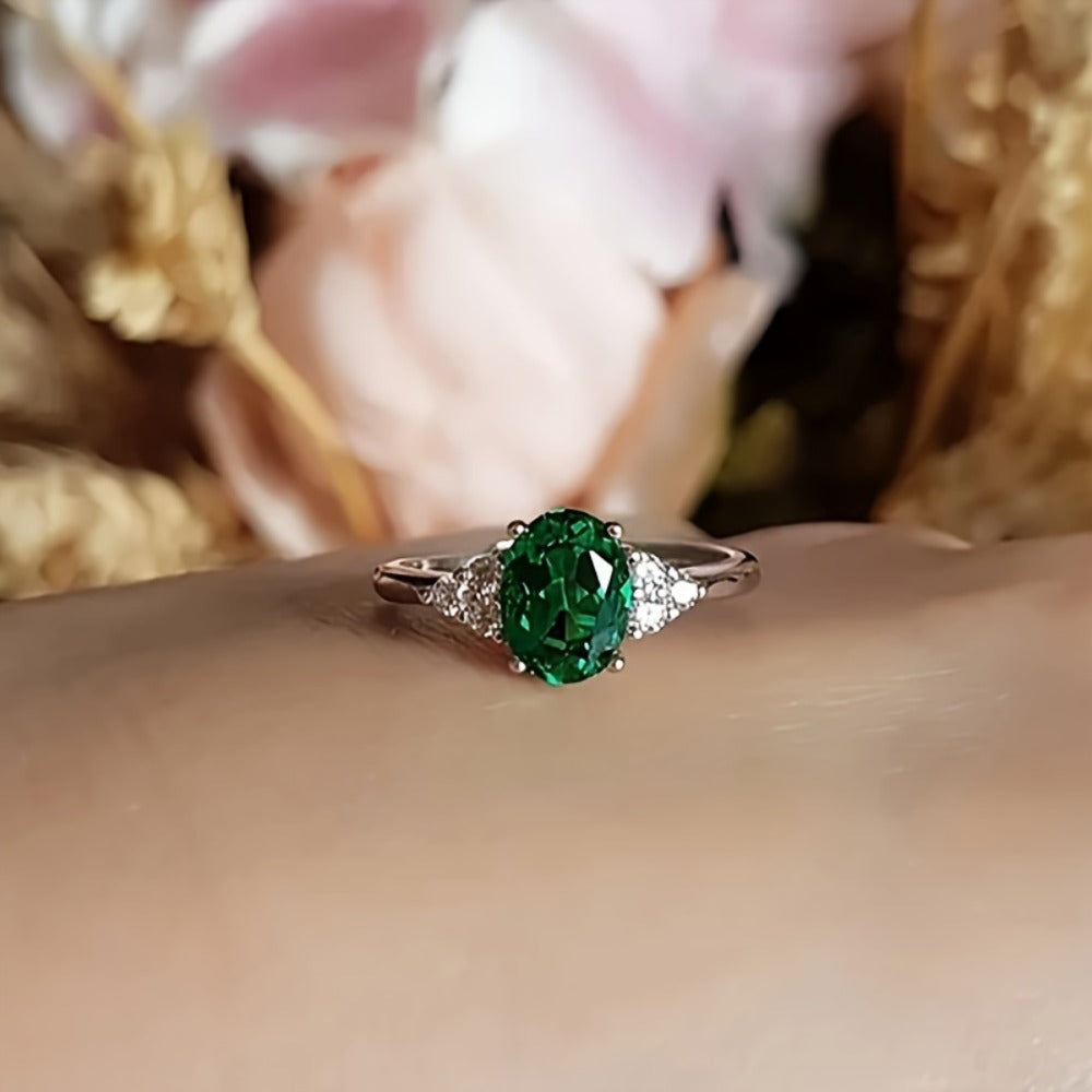 Rings for Women - Green Oval Zirconia Ring S925 Sterling Silver for - Elegant Emerald-Style - product detail view 5