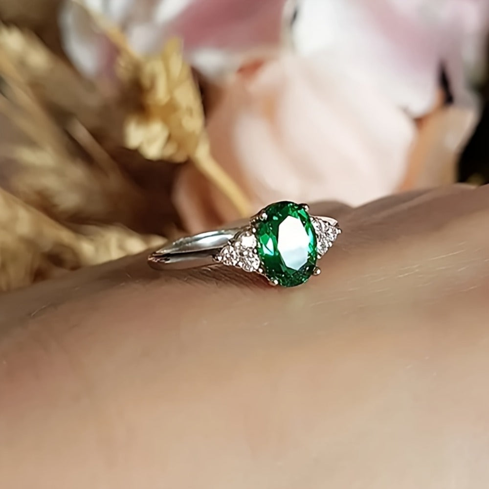 Rings for Women - Green Oval Zirconia Ring S925 Sterling Silver for - Elegant Emerald-Style - product detail view 6