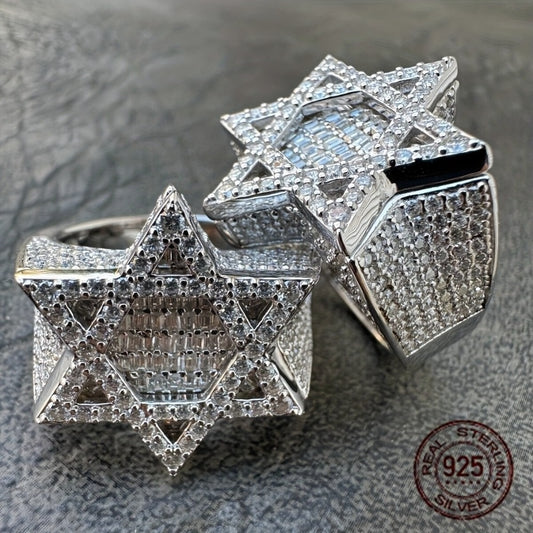 Rings for Women - Iced Out Star of David Ring Men 925 Silver Baguette Hexagram Hip Hop Pinky - main product view